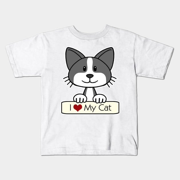 Black and White Cat - I Love My Cat Kids T-Shirt by AnitaValle